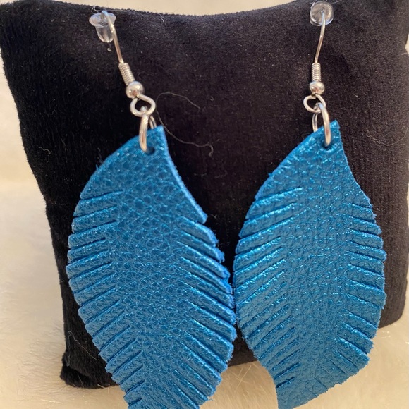 Faux Leather Tropical Blue Leaf Drop Earrings - Picture 3 of 4